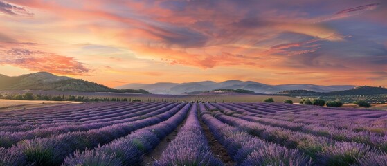 The soft dusk light paints a serene scene over a sprawling lavender farm, with rolling hills and a...