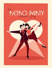 Retro poster with a dancing couple for a St. Valentine's Day party. A poster for a retro Gatsby-style party.