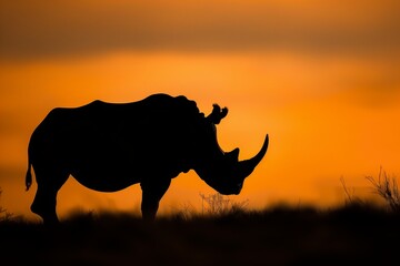 rhino silhouette against orange sunset sky
