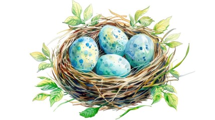 Obraz premium Watercolor springtime bird s nest with eggs, symbolizing new beginnings on white