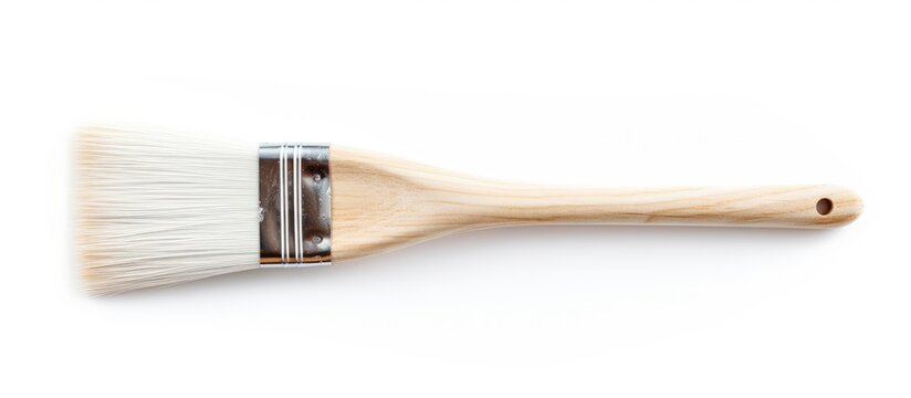 A white paint brush made of natural wood handle and metal ferrule, perfect for office supplies or cosmetics. The minimalist design stands out against a white background