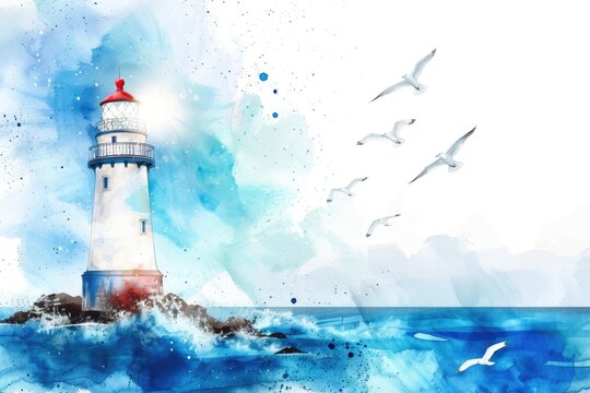 Watercolor summer lighthouse scene with seagulls and ocean waves, on white