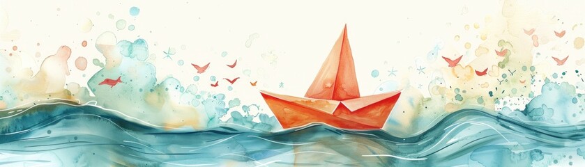 A dreamy watercolor decal with a sailing paper boat and Sail Towards Another Amazing Year in whimsical childrens book typography - obrazy, fototapety, plakaty