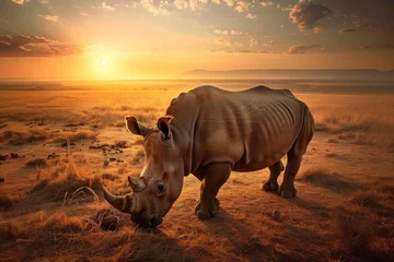 Fototapeten aerial view of rhino in savannah at sunset © primopiano