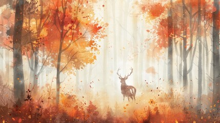 A lone deer in a misty autumn forest, watercolor tranquility and grace on white