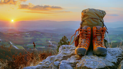 Perched atop a lofty hill or rocky precipice, orange hiking shoes and a backpack await their next trek. - obrazy, fototapety, plakaty