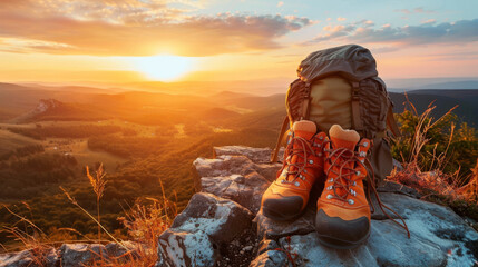 As the sun dips below the horizon, a pair of vibrant orange hiking boots and a sturdy backpack rest upon a rugged summit. - obrazy, fototapety, plakaty