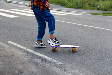 A rebellious teenager skateboarding through an urban crosswalk, defying traffic rules and adding an...