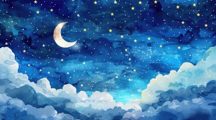 Obraz na płótnie Canvas A watercolor wall decal featuring a night sky with a sleeping moon and Dream Big on Your Birthday in gentle, storybook script