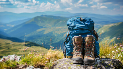 Set against a backdrop of majestic mountains, hiking shoes and a backpack stand as symbols of adventure and exploration. - obrazy, fototapety, plakaty