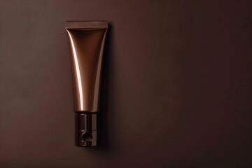 Elegant cosmetic cream tube with a pearlescent finish on a dark chocolate brown isolated solid...