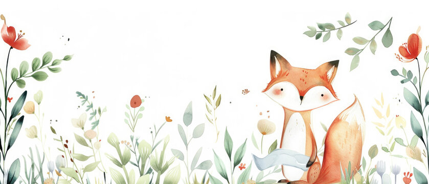 A storybookthemed wall decal with a watercolor painted fox next to a Have a Fantastic Birthday sign, surrounded by woodland flora