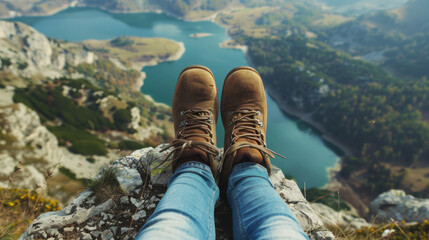 Atop the lofty peak, the traveler's feet firmly plant, embodying courage and conquest. - obrazy, fototapety, plakaty