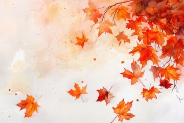 Autumn leaves in vibrant oranges and reds falling softly, watercolor on white