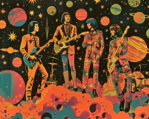 1960s space pop band tour, concerts on different planets, vintage posters, groupies