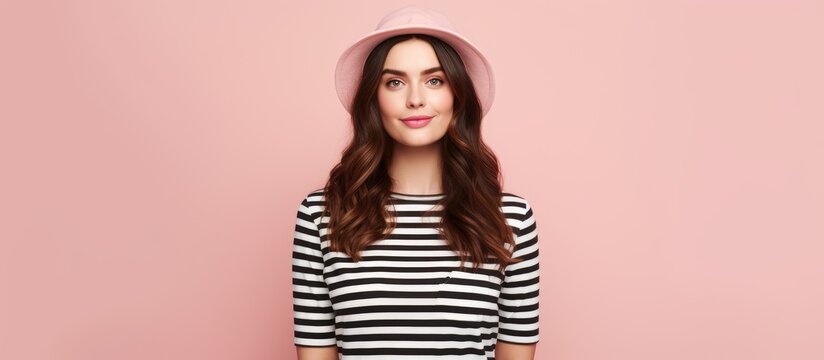The woman has a striped shirt and a pink hat, with a big smile on her face. Her eyelashes frame her eyes and her hair falls gracefully onto her shoulders, making her look happy