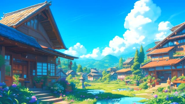 Village background animation with beautiful summer nature scenery. seamless looping 4k time-lapse animation video background