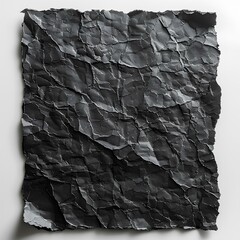 Black crumpled paper top view on white background with shadow. Black old paper texture