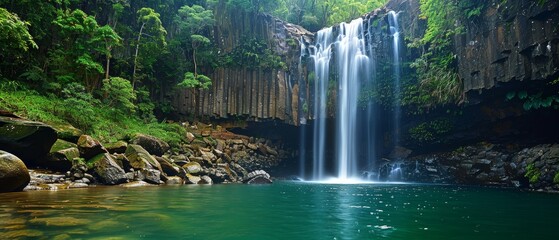 A secluded tropical waterfall cascades into a tranquil pool, surrounded by the dense greenery of a vibrant rainforest.