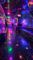 1970s space-themed roller disco, neon lights, disco balls, alien DJ