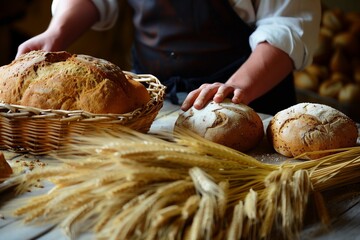 baker arranging rye bread beside fresh rye ears on a table - obrazy, fototapety, plakaty