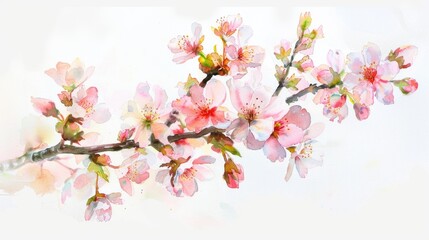 Spring blossoms opening under a gentle rain, watercolor on white background