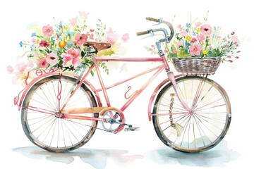 Springtime watercolor bicycle with a basket of flowers, charming and light on white