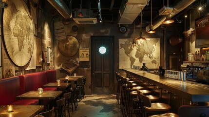 Classic space explorers bar, sharing tales of adventures, walls adorned with maps - obrazy, fototapety, plakaty