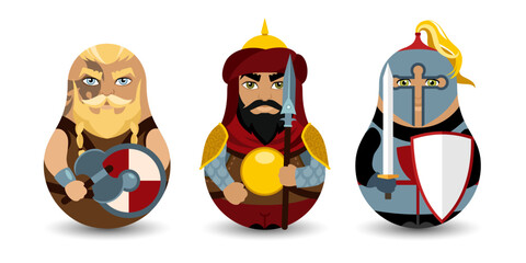 A set of three the Tilting Toy. Warriors of different eras and countries: knight, Viking and Mamluk. Design tilting toy. Modern kawaii dolls for your business project