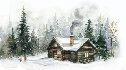 Watercolor cozy winter cabin in the woods, smoke rising from the chimney, on white