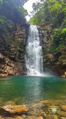 The serene beauty of a cascading waterfall in a dense jungle setting, where nature's music and lush foliage create a tranquil haven.