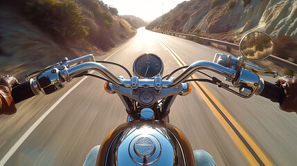 first person point of view perspective riding a vintage motorcycle galloping on US Route and natural landscape - obrazy, fototapety, plakaty
