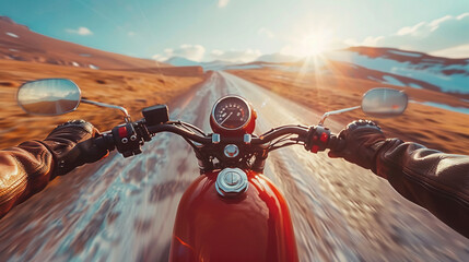 first person point of view perspective riding a vintage motorcycle galloping on US Route and natural landscape - obrazy, fototapety, plakaty