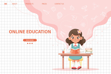 Online education website template. E-learning concept banner. Cute schoolgirl sitting at table and studying online. Illustration, template for landing page. Vector