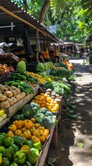 Old-school alien farmers market, exotic fruits and vegetables, rustic stalls