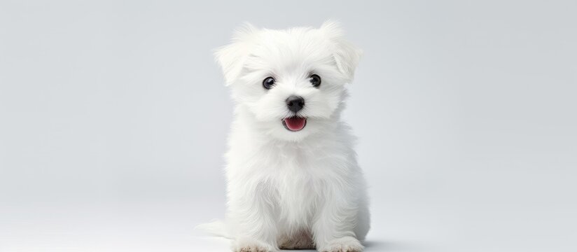 A small toy white dog breed companion dog is sitting on a white surface, looking at the camera with a smile on its face, showing off its fluffy fur and cute paw