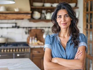 Portrait of a diverse woman with a captivating look in a residential setting