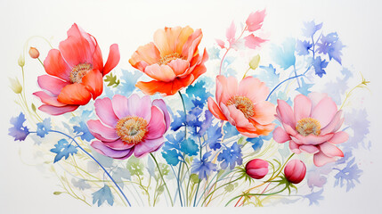 Abstract flowers in watercolor, bold strokes, white space, closeup, natural daylight