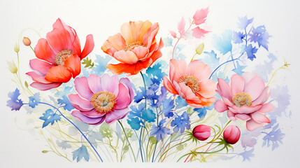 Fototapeta premium Abstract flowers in watercolor, bold strokes, white space, closeup, natural daylight