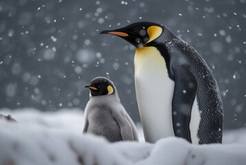 Adult King Penguin And Tiny Chick Under Falling Snow