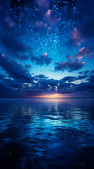 Big blue night sky with full moon above quiet sea, twilight glow, high angle, peaceful horizon