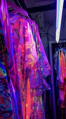 Retro space fashion studio, designing outfits for zero gravity, vibrant textiles