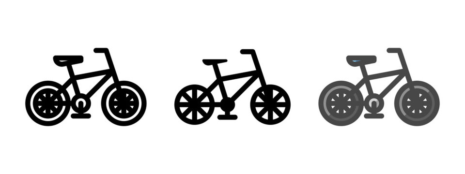Multipurpose bicycle vector icon in outline, glyph, filled outline style. Three icon style variants in one pack.
