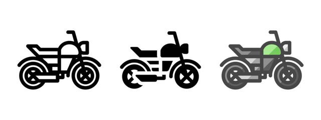 Multipurpose motorcycle vector icon in outline, glyph, filled outline style. Three icon style variants in one pack.