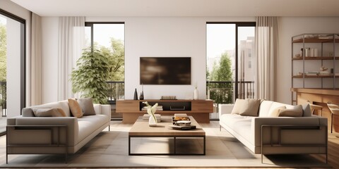 A modern townhome facade opening up to a chic living room interior, featuring sleek finishes, minimalist furnishings, and a cozy ambiance, all skillfully portrayed in a captivating 3D rendering.