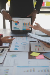 Finance manager meeting discussing company growth project success financial statistics, professional investor working start up project for strategy plan with document, laptop and digital tablet.