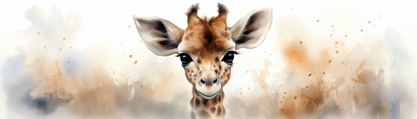Giraffe baby in watercolor, gentle browns, white backdrop, eyelevel, morning glow