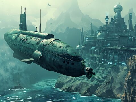 Retro-futuristic underwater exploration, submarines discovering lost alien cities