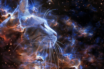 Mystical image merging a feline's head with a cosmic background evoking wonder and vastness of universe