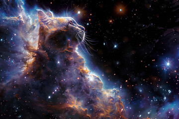 This captivating visual combines a cat silhouette with celestial bodies, symbolizing curiosity and exploration